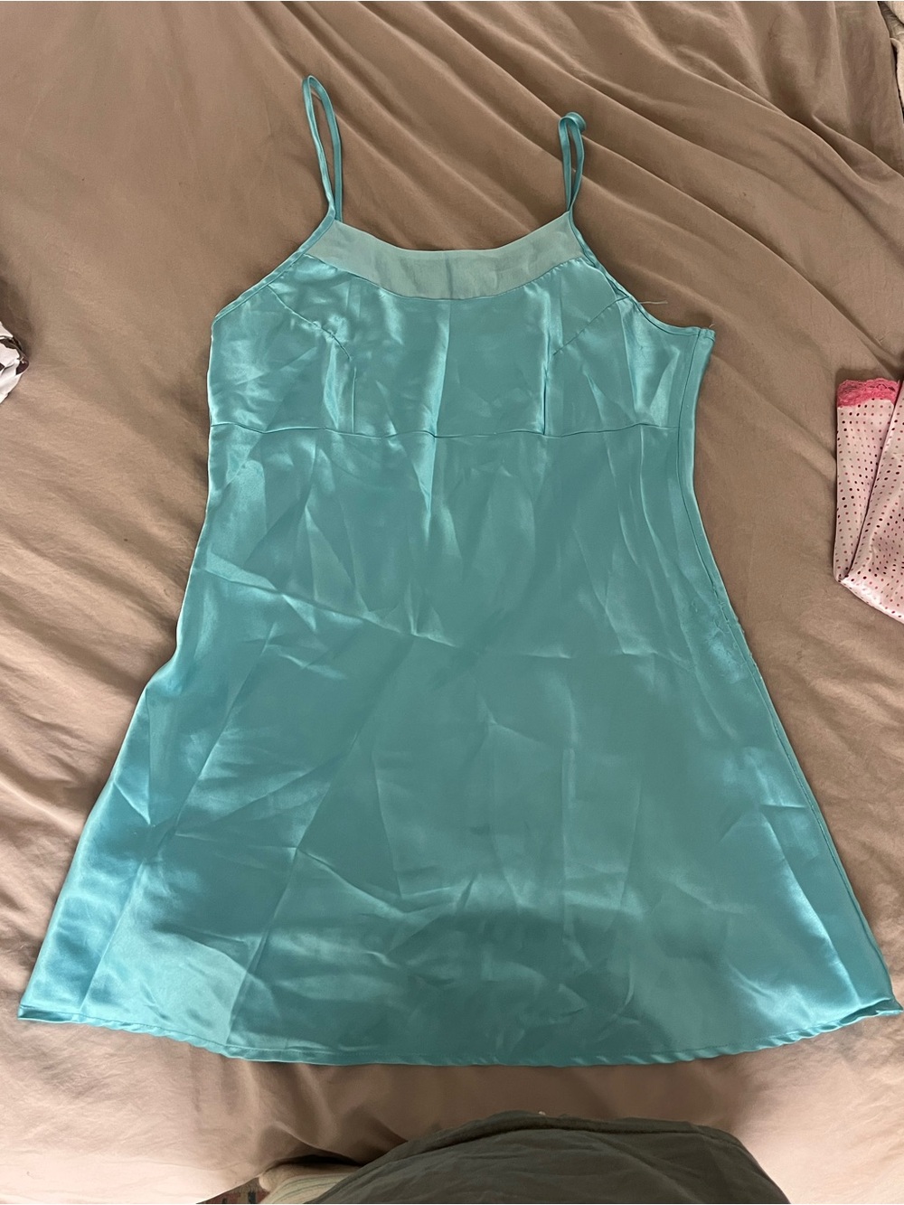 Vintage Turquoise Satin Slip Chemise - Picture 2 of 5